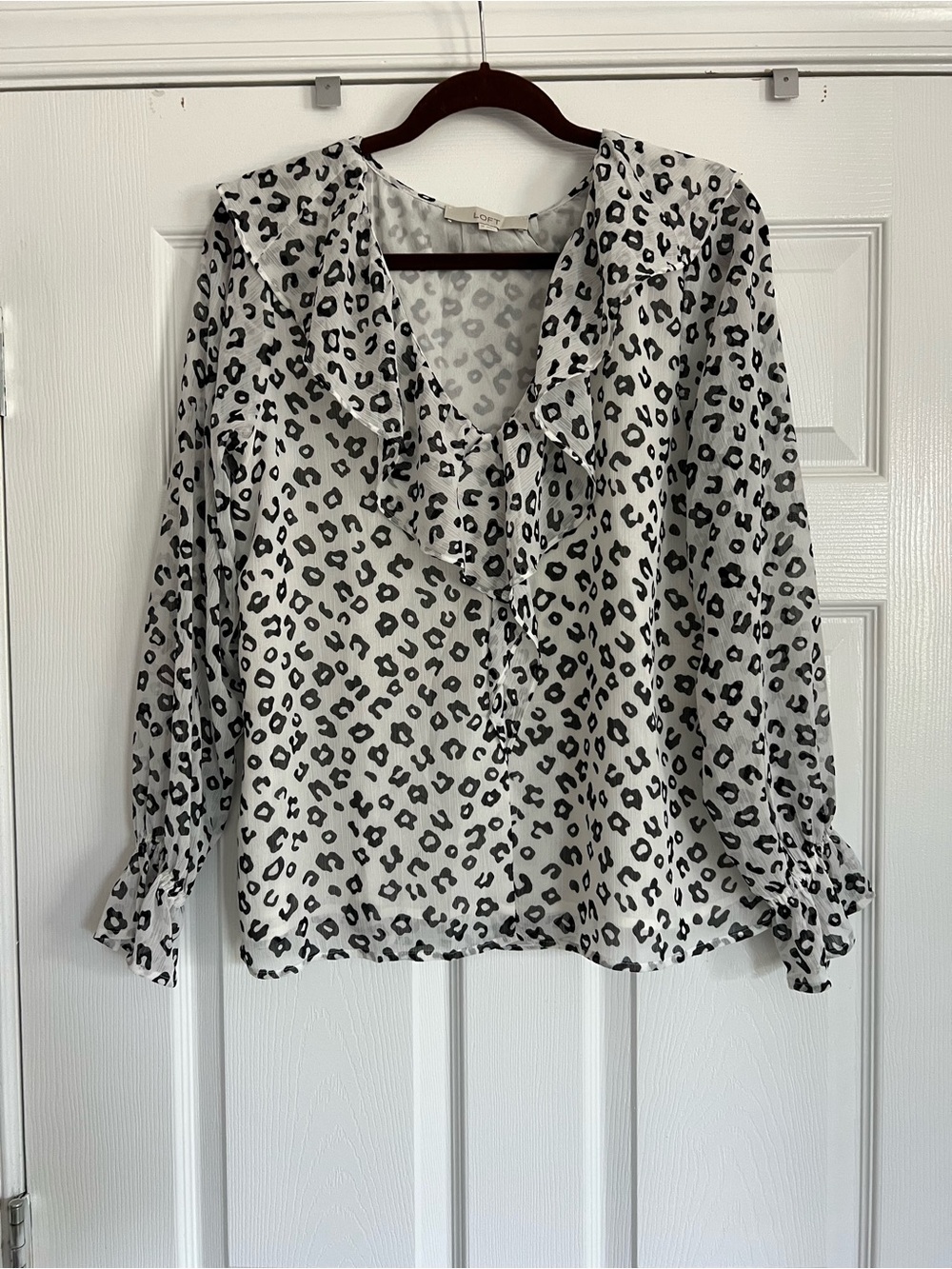 LOFT Leopard Print Ruffle Neck Blouse - White/Black
